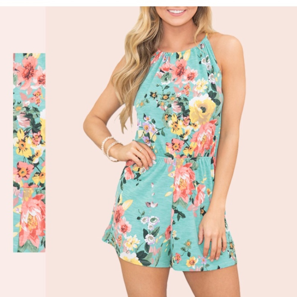 🏆Turquoise Floral Halter Romper